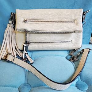 Black Rivet Cream Crossbody Bag with Silver Accents